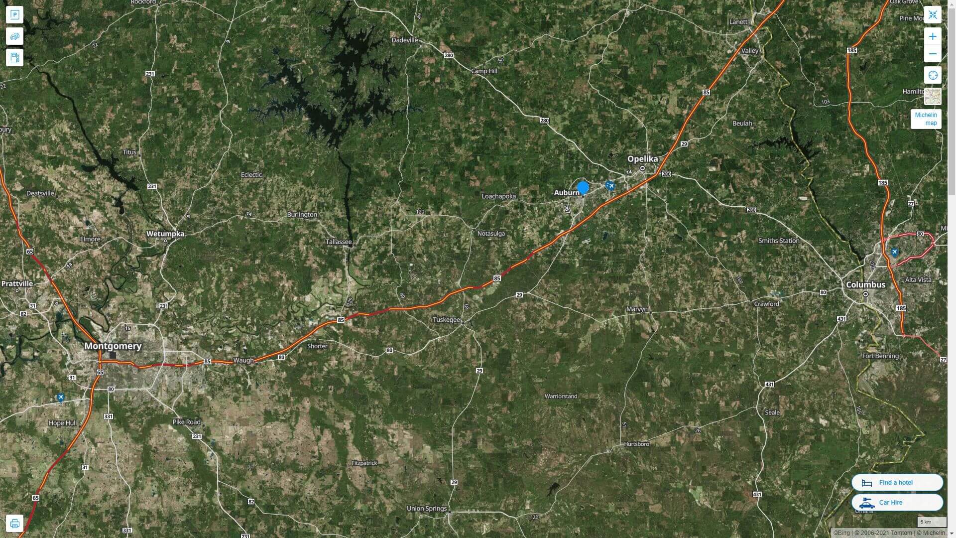 Auburn Alabama Highway and Road Map with Satellite View
